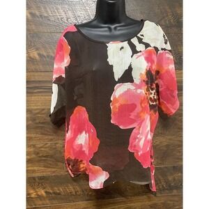 Jones NY Top Woman Medium Floral‎ Blouse Sheer Neon Summer Colors Side Tie Knot